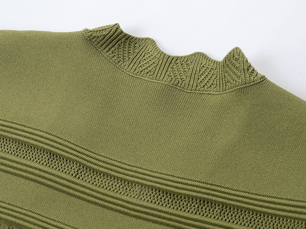 Green A-line silhouette dress with scalloped neckline and button details