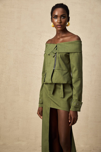Green asymmetric jacket and skirt set named Elena featuring matching design