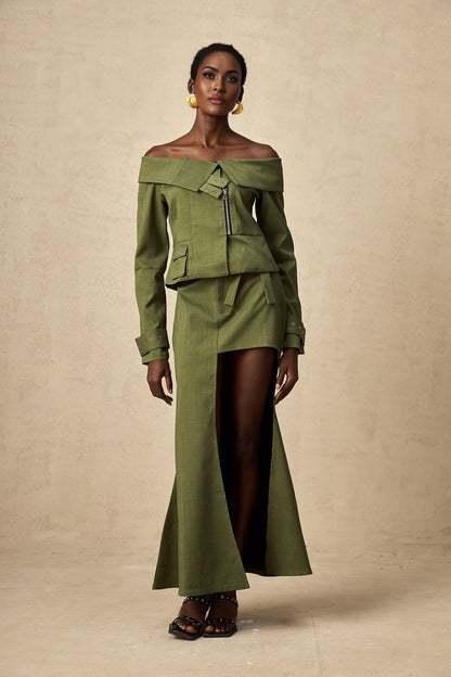 Green asymmetric jacket and skirt set named Elena featuring matching design