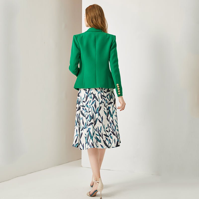 Green double-breasted blazer with gold buttons