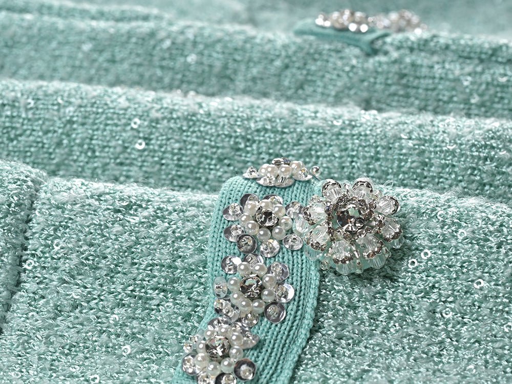 Green Chanel-Inspired Cropped Jacket and Pleated Mini Skirt Set