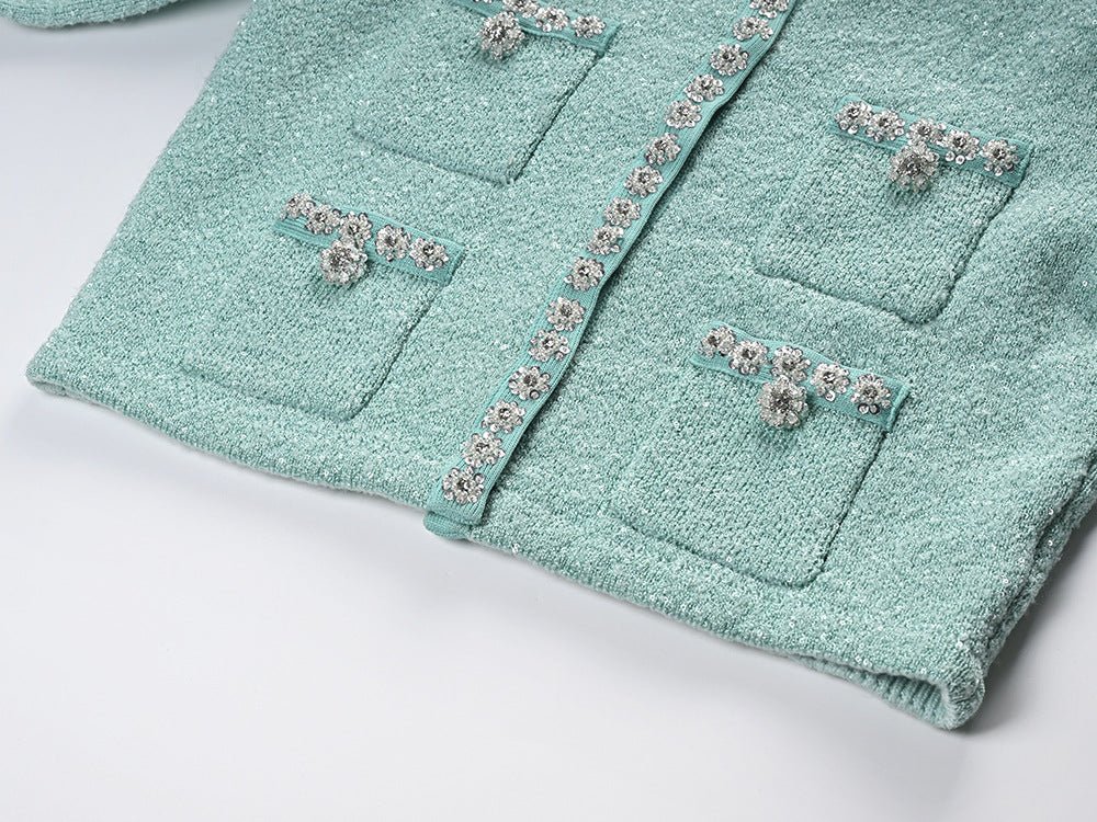 Green Chanel-inspired Cropped Jacket and Pleated Mini Skirt in Soft Mint Hue