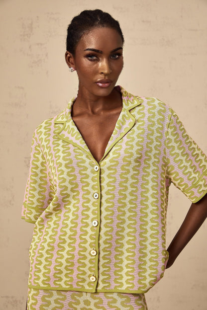 Green color block knitted shirt and matching trousers set called Ophelie