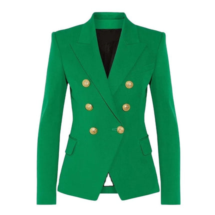 Vibrant green double breasted blazer with gold buttons