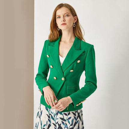 Green double-breasted blazer with gold buttons