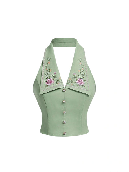 Green Floral Embroidered Short Ladies Crop Top TurnDown Collar V Neck Spring Summer Blouse Back To