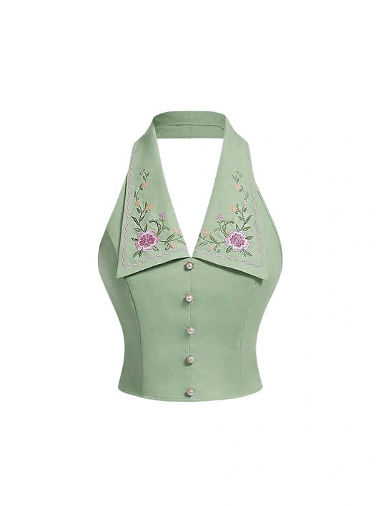 Green Floral Embroidered Short Ladies Crop Top TurnDown Collar V Neck Spring Summer Blouse Back To