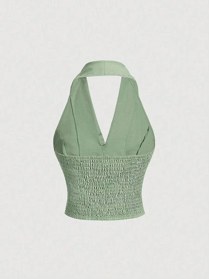 Green Floral Embroidered Short Ladies Crop Top TurnDown Collar V Neck Spring Summer Blouse Back To