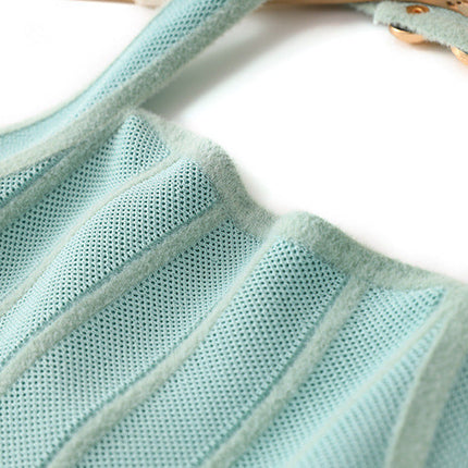 Green Halter Neck Flared A-line Dress in Soft Mint Knit Fabric with Vertical Ribbed Pattern