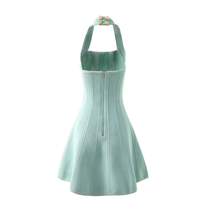 Green Knit Halter Neck Flared A-line Dress