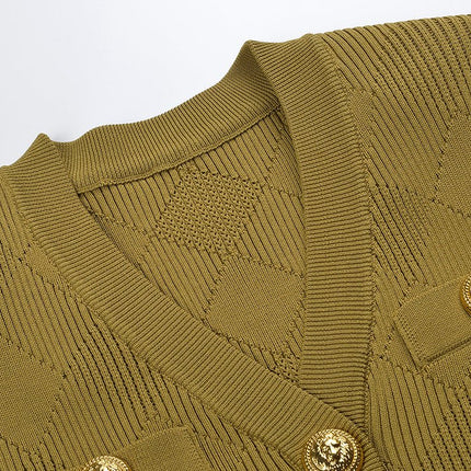 Green Knitted Bodycon Dress with Gold Button Embellishments