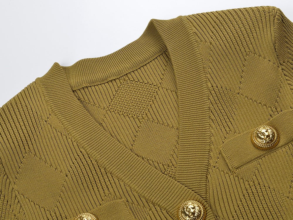 Green Knitted Bodycon Dress with Gold Button Embellishments