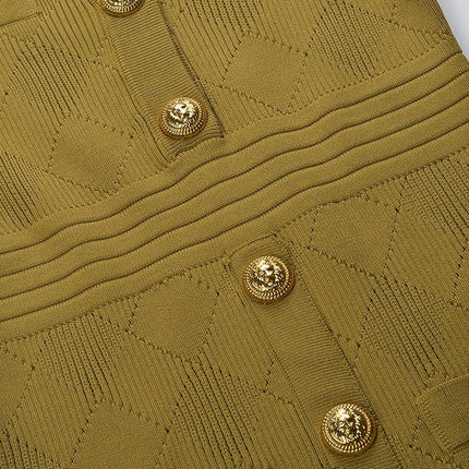 Green Knitted Bodycon Dress with Gold Buttons