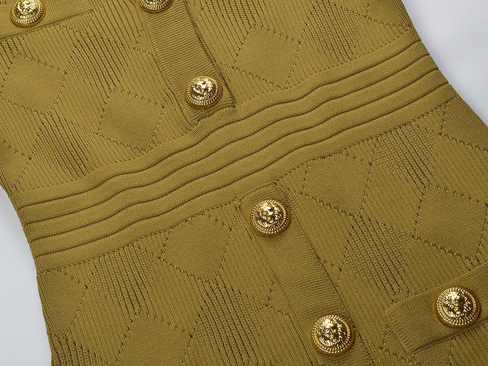 Green Knitted Bodycon Dress with Gold Buttons
