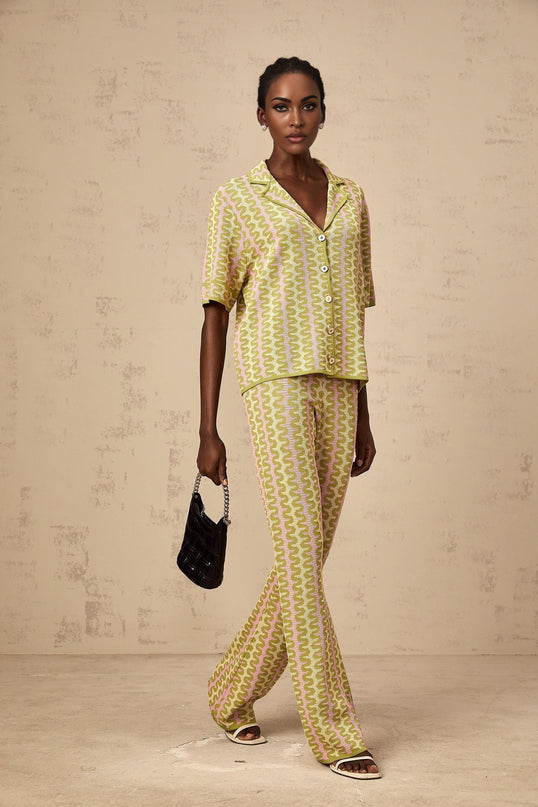 Green knitted shirt and trousers set with color block design named Ophelie