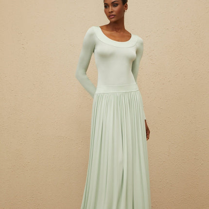 Green long sleeve maxi dress with open back and self-tie design