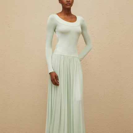 Green long sleeve maxi dress with self-tie design and shirred effect