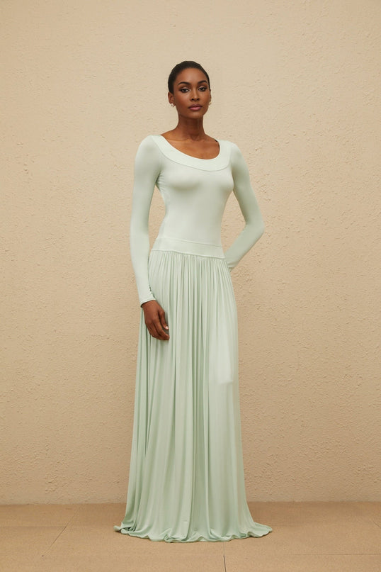 Green long sleeve maxi dress with self-tie design and shirred effect