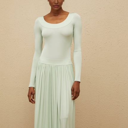 Green Long Sleeve Maxi Dress with Open Back and Self-Tie Design