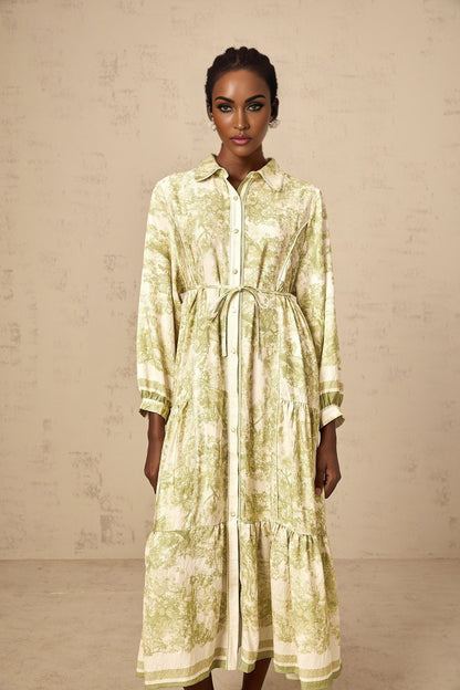 Green midi dress with graphic print pattern featuring Adelaide design