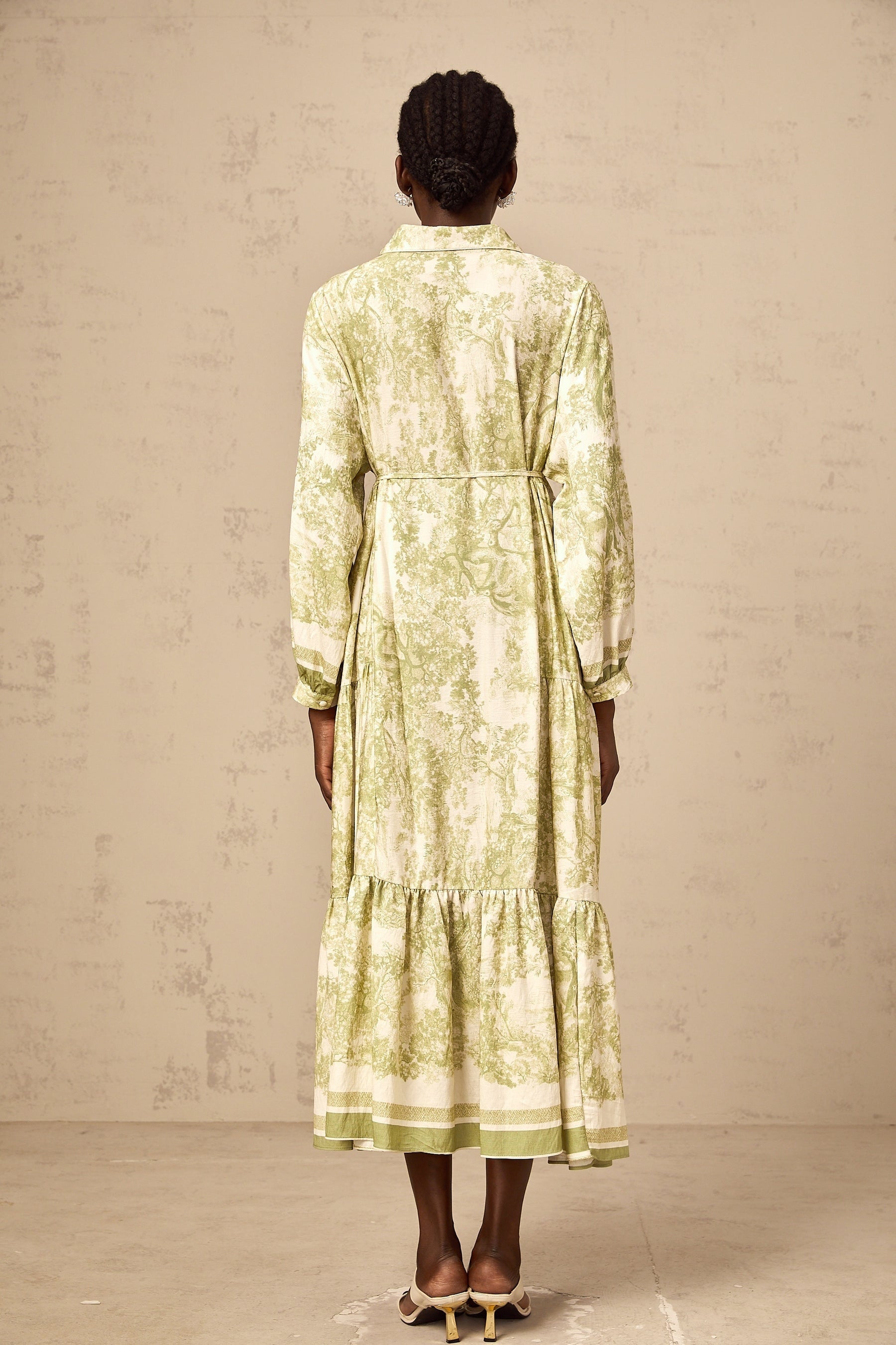 Green midi dress with graphic print pattern named Adelaide