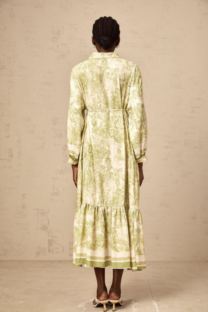 Green midi dress with graphic print pattern named Adelaide