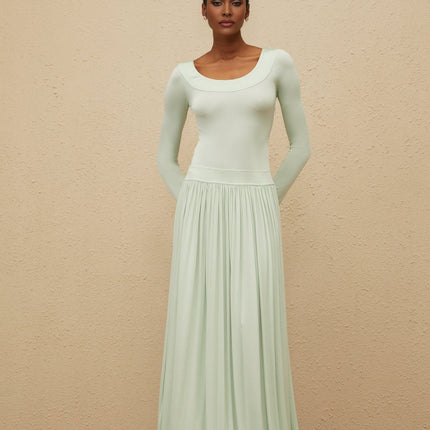Green Mint Long Sleeve Maxi Dress with Open Back and Self-Tie Design