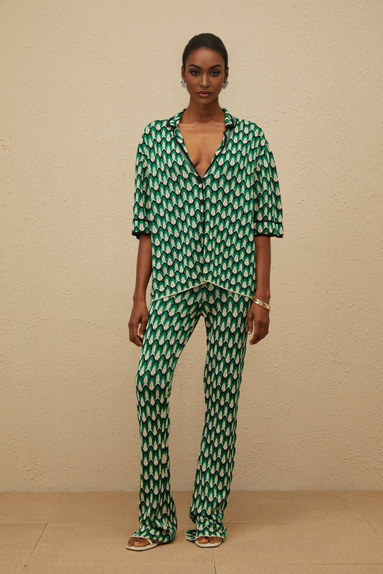 Green/Multicolor Crochet Knit Jacquard Shirt and Trousers Set