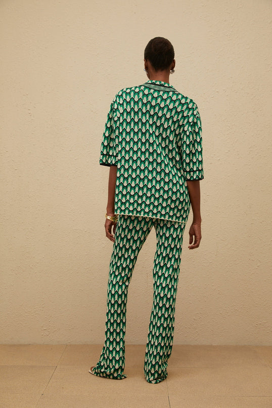 Green and Multicolor Crochet Knit Jacquard Shirt and Trousers Set