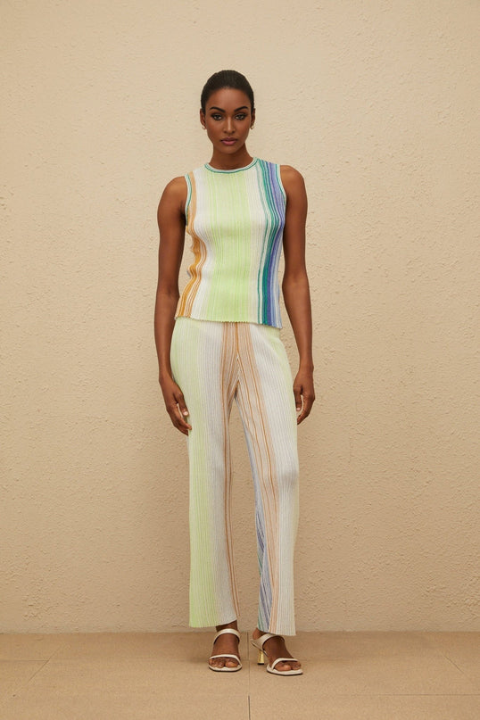 Green and Multicolor Knitted Sleeveless Top and Wide Leg Trousers with Metallic Threading and Glitter Detailing