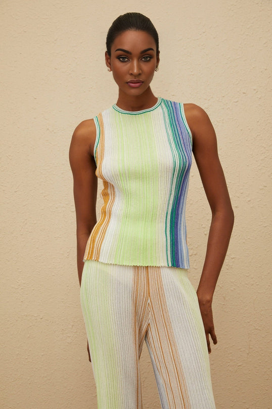 Green and Multicolor Knitted Sleeveless Top and Wide Leg Trousers with Metallic Threading and Glitter Detailing