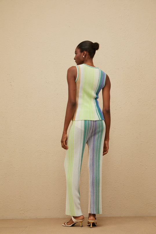 Green and Multicolor Knitted Sleeveless Top and Wide Leg Trousers with Metallic Threading and Glitter Detailing