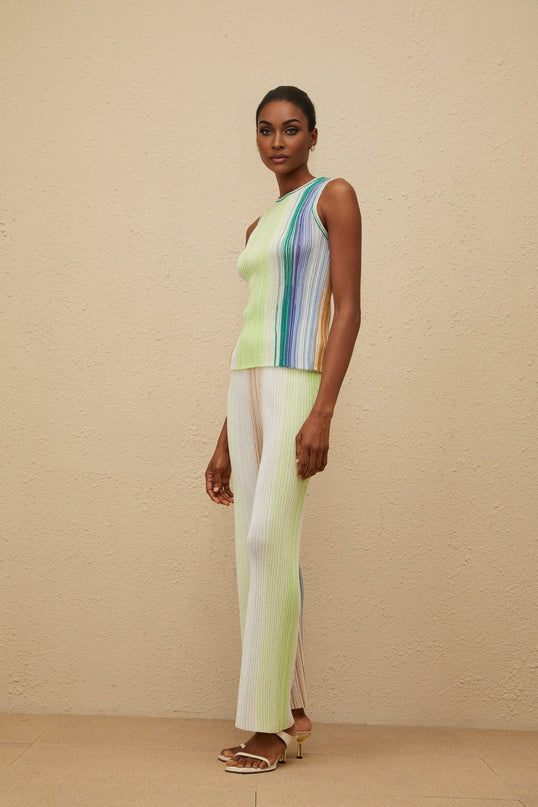 Green and Multicolor Knitted Sleeveless Top and Wide Leg Trousers with Metallic Threading and Glitter Detailing