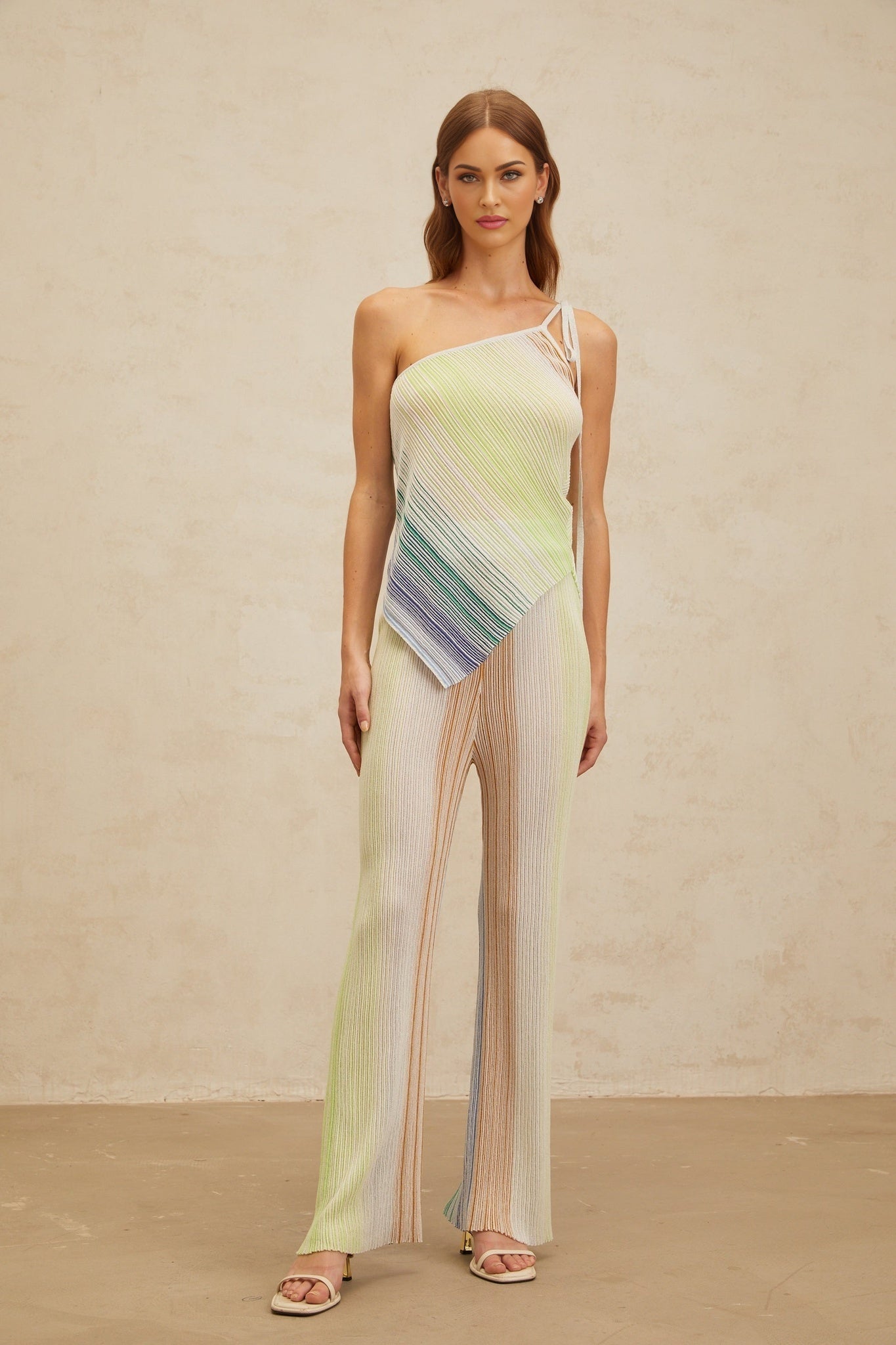 Green and Multicolor Knitted Sleeveless Top and Wide Leg Trousers with Metallic Threading and Sequin Embellishment