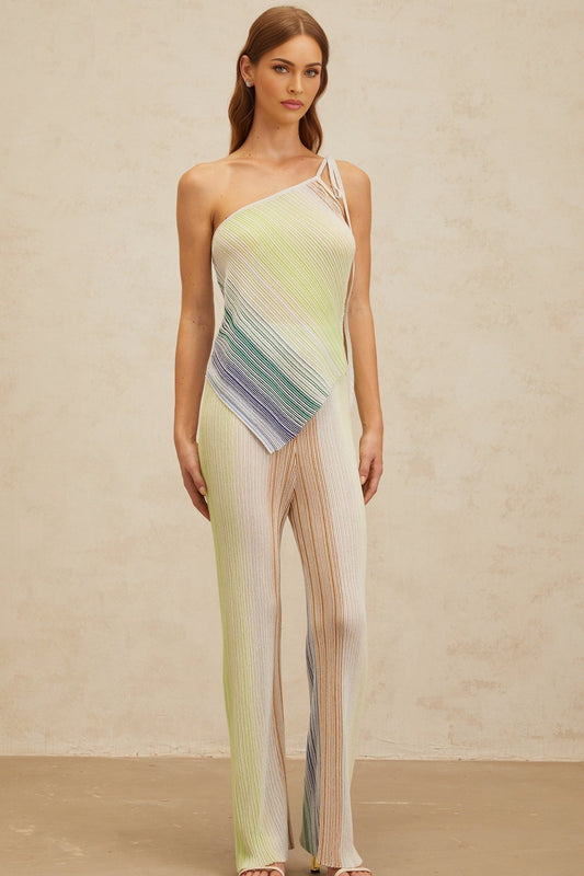 Green and Multicolor Knitted Sleeveless Top and Wide Leg Trousers with Metallic Threading and Sequin Embellishment