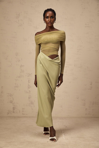 Green off shoulder midi dress with semi sheer fabric and flowy design
