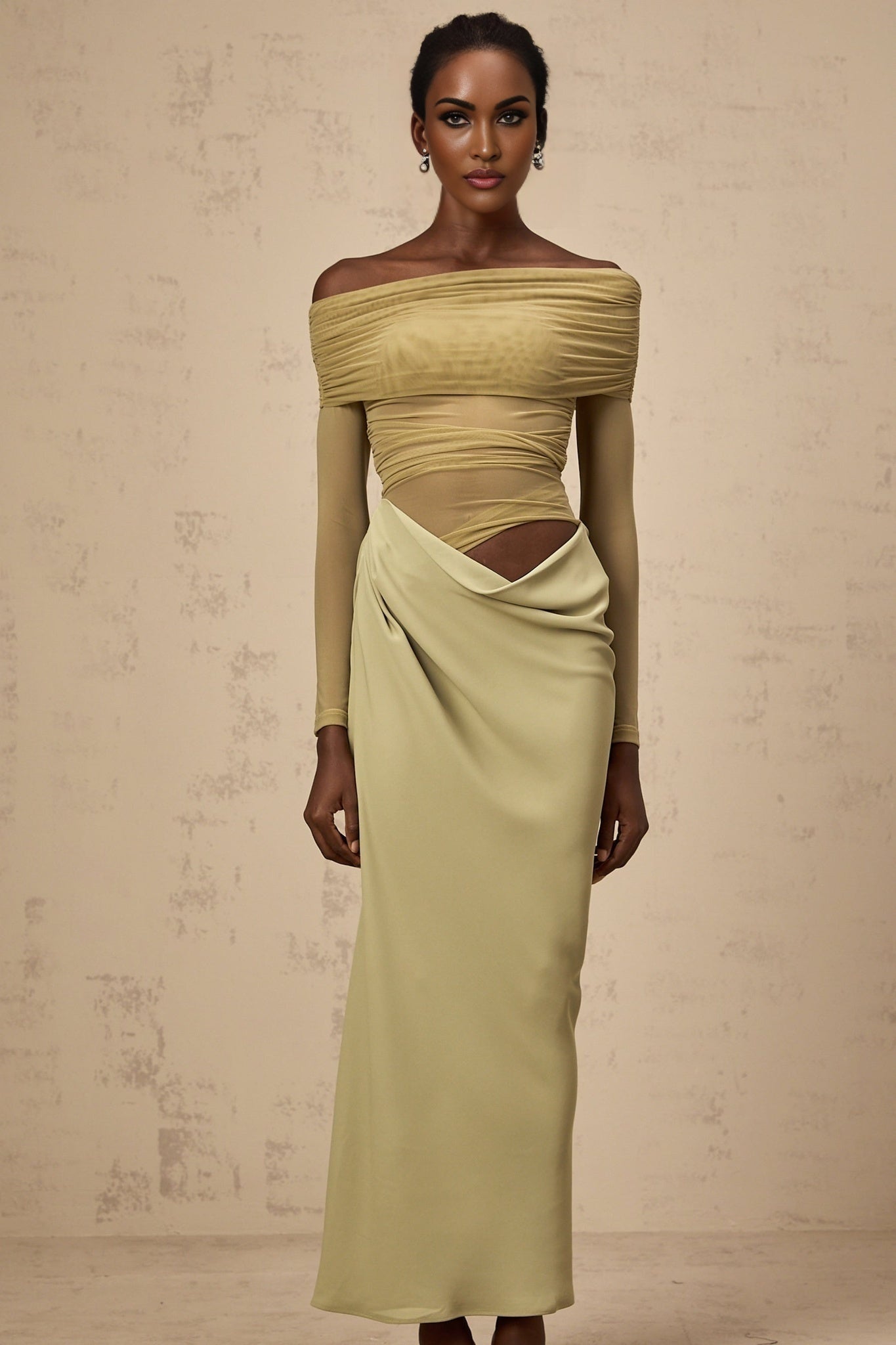 Green off shoulder midi dress with semi sheer fabric flowing silhouette