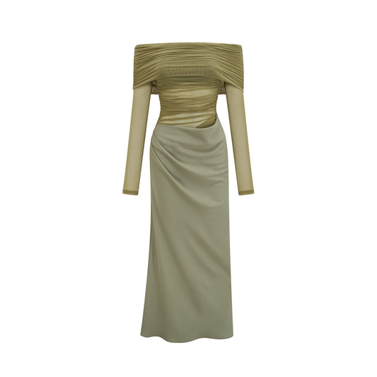 Green offshoulder midi dress with semisheer fabric and flowy design