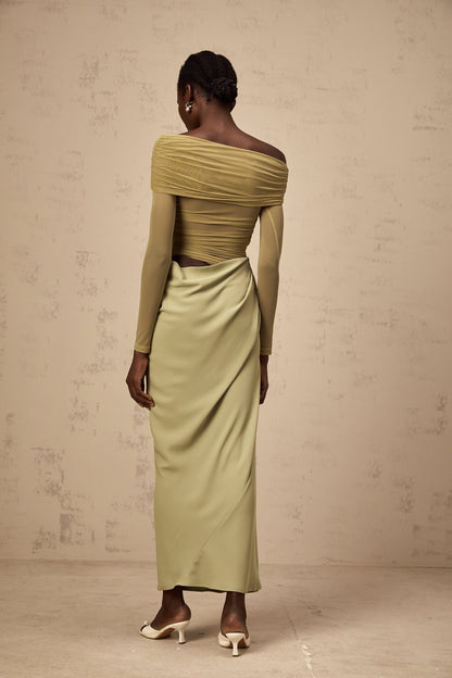 Green offshoulder midi dress with semisheer fabric named Estelle