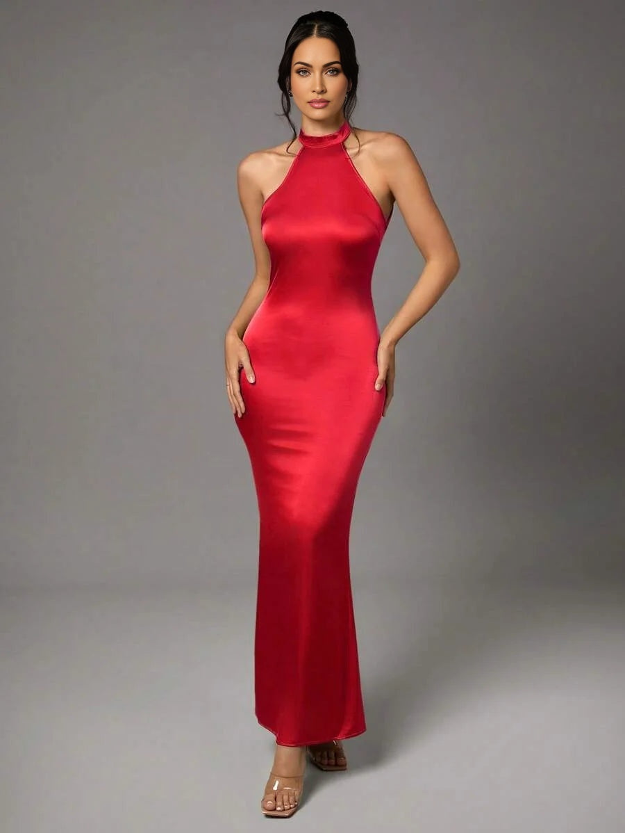 Green Satin Sexy Backless Long Fishtail Dress Summer Clothes Halter Neck Womens Dress