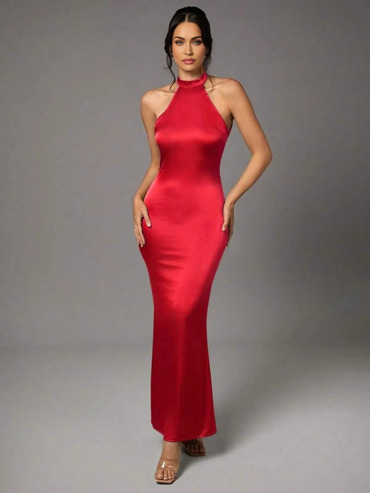 Green Satin Sexy Backless Long Fishtail Dress Summer Clothes Halter Neck Womens Dress