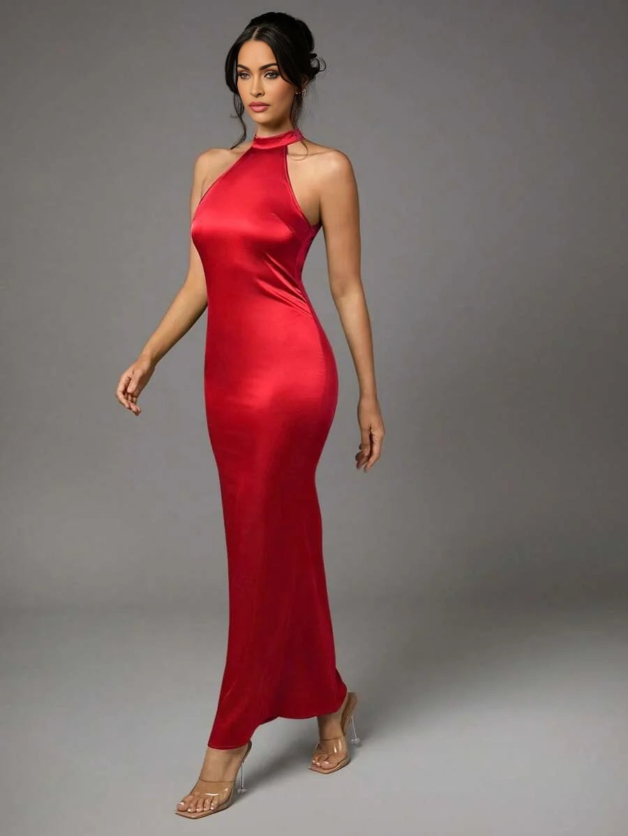 Green Satin Sexy Backless Long Fishtail Dress Summer Clothes Halter Neck Womens Dress