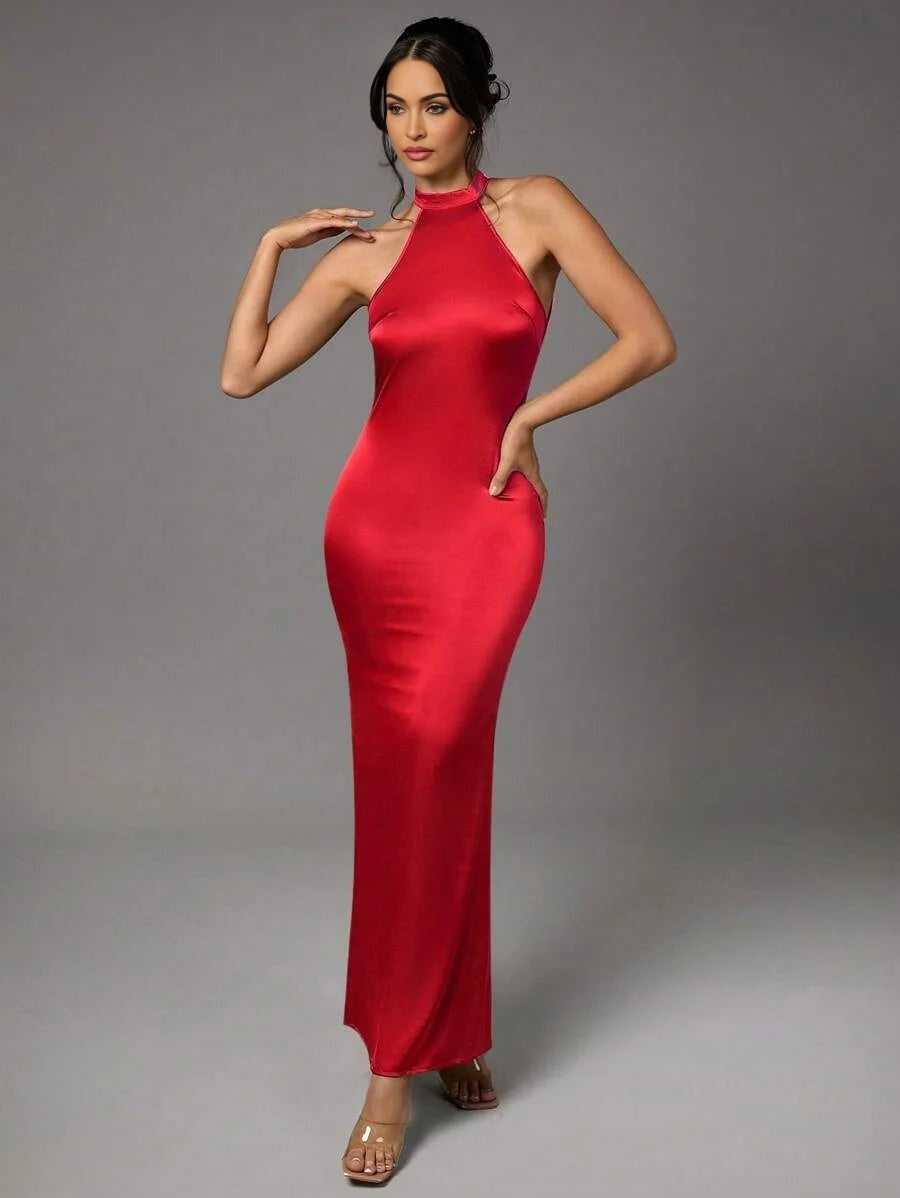 Green Satin Sexy Backless Long Fishtail Dress Summer Clothes Halter Neck Womens Dress
