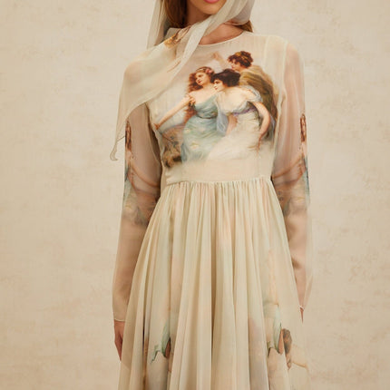 Green Silk Graphic Print Maxi Dress with Shirred Effect and Scarf Design