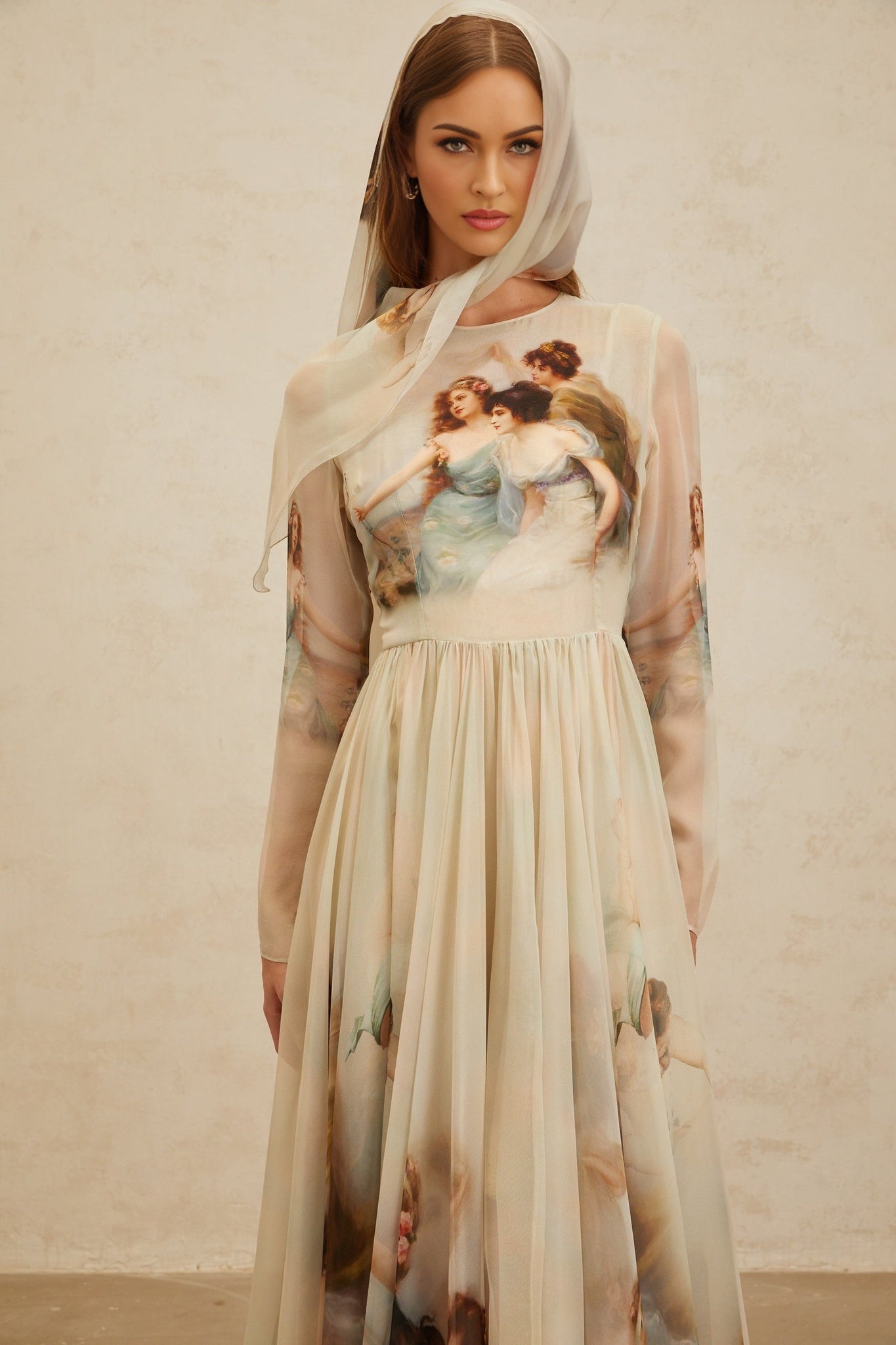 Green Silk Graphic Print Maxi Dress with Shirred Effect and Scarf Design