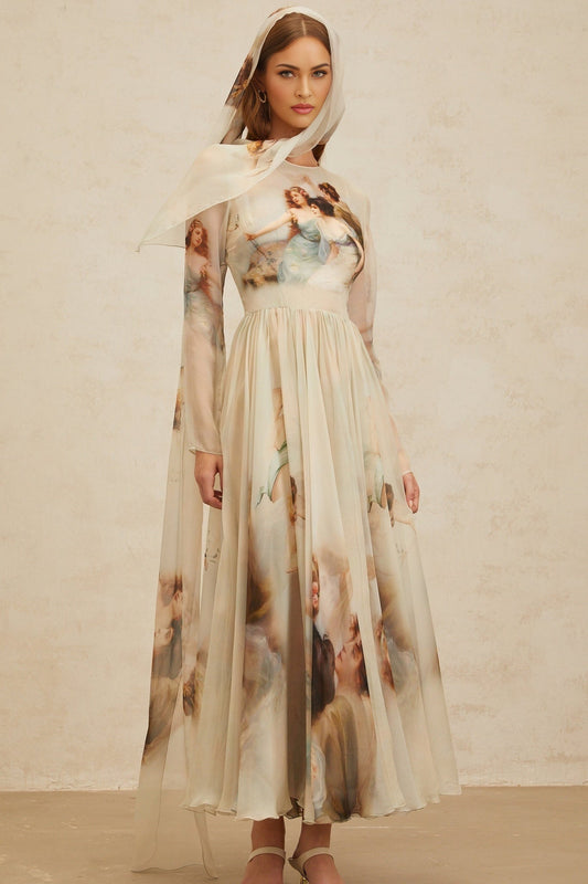 Green Silk Graphic Print Maxi Dress with Shirred Effect