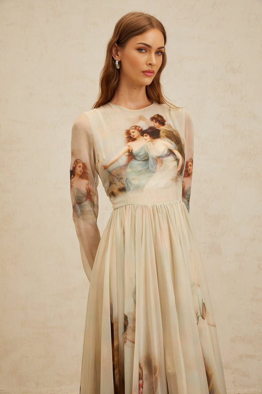 Green Silk Maxi Dress with Graphic Print and Shirred Effect