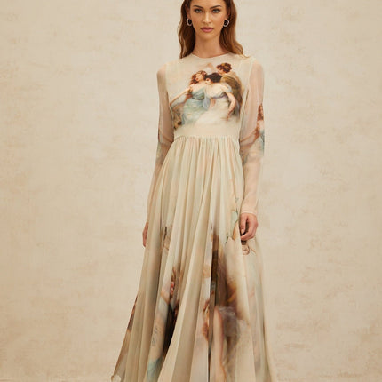 Green Silk Scarf Design Maxi Dress with Graphic Print