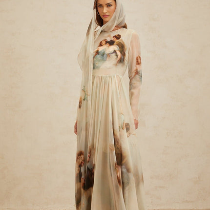 Green Silk Scarf Design Maxi Dress with Graphic Print