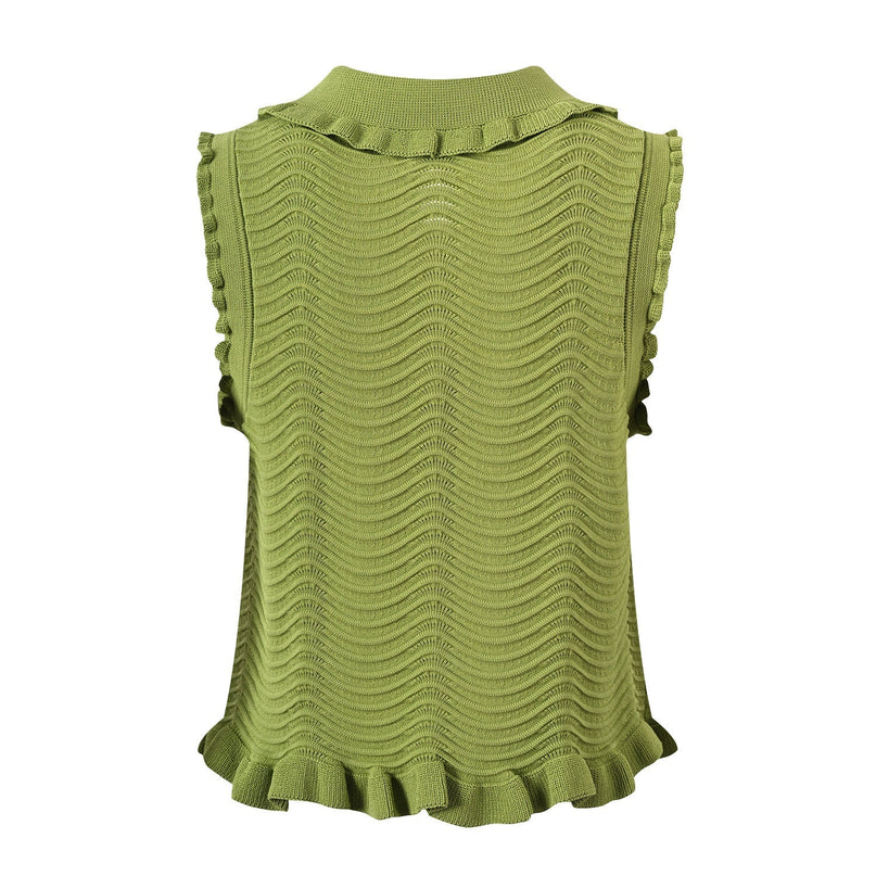 Green sleeveless top with ruffled edges and textured wave pattern